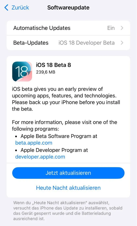 康定苹果手机维修分享苹果 iOS / iPadOS 18 开发者预览版 Beta 8 发布 